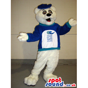 White Bear Mascot Wearing A Blue Shirt With Text And Logos -