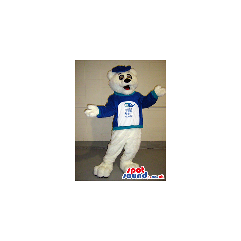 White Bear Mascot Wearing A Blue Shirt With Text And Logos -