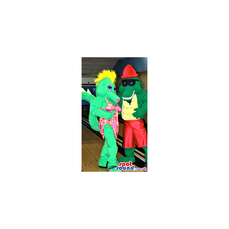 Dragon Couple Mascots Wearing Bright Summer Garments - Custom