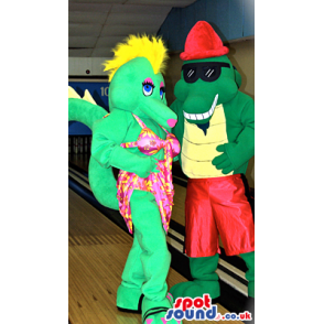 Dragon Couple Mascots Wearing Bright Summer Garments - Custom