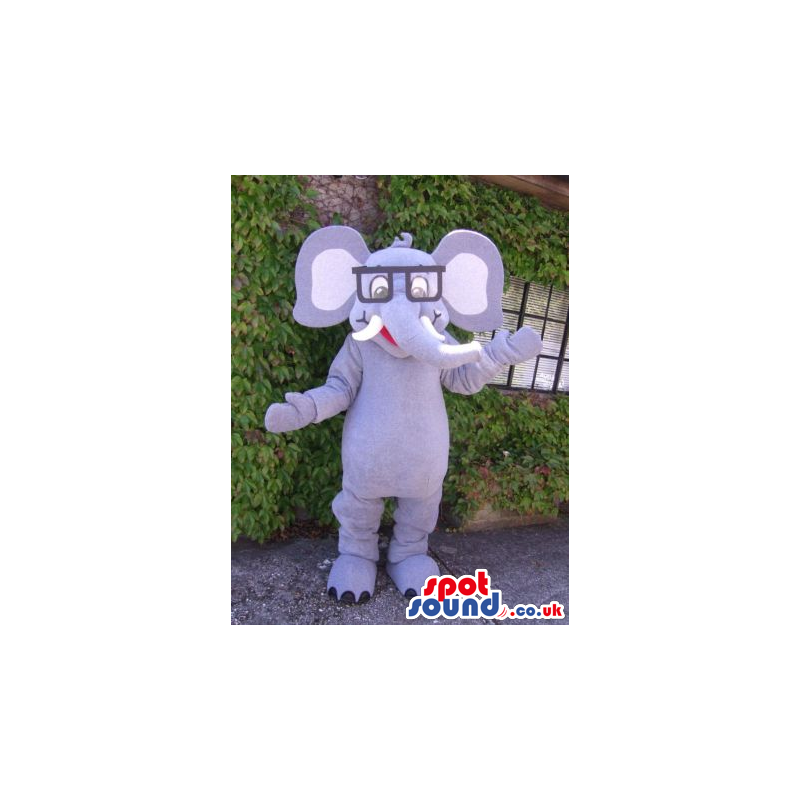Funny Grey Elephant Mascot Wearing A Pair Of Squared Glasses -