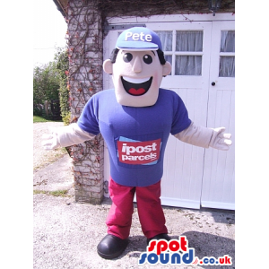 Great Boy Mascot Wearing Blue And Red Clothes With Brand Name -