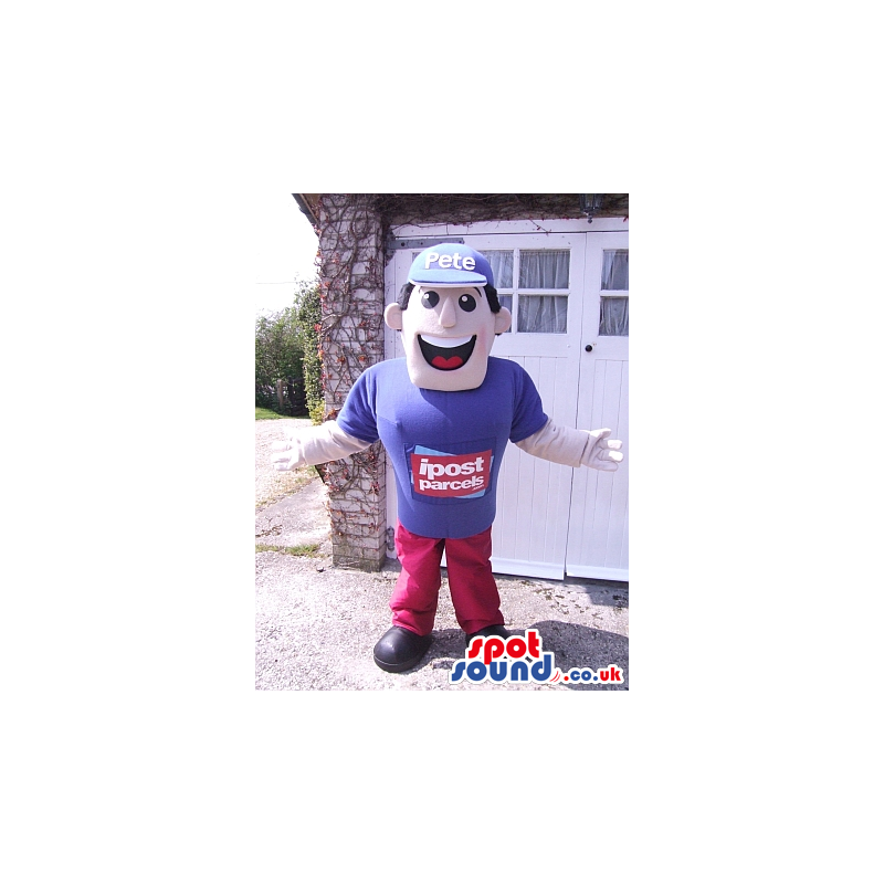 Great Boy Mascot Wearing Blue And Red Clothes With Brand Name -