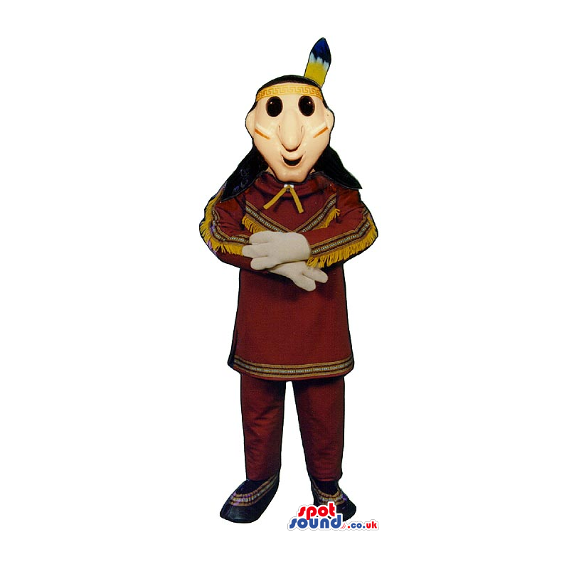 Native Indian Human Character Mascot With Brown Garments -