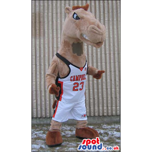 Brown Plush Horse Mascot With Basketball Sports Clothes -