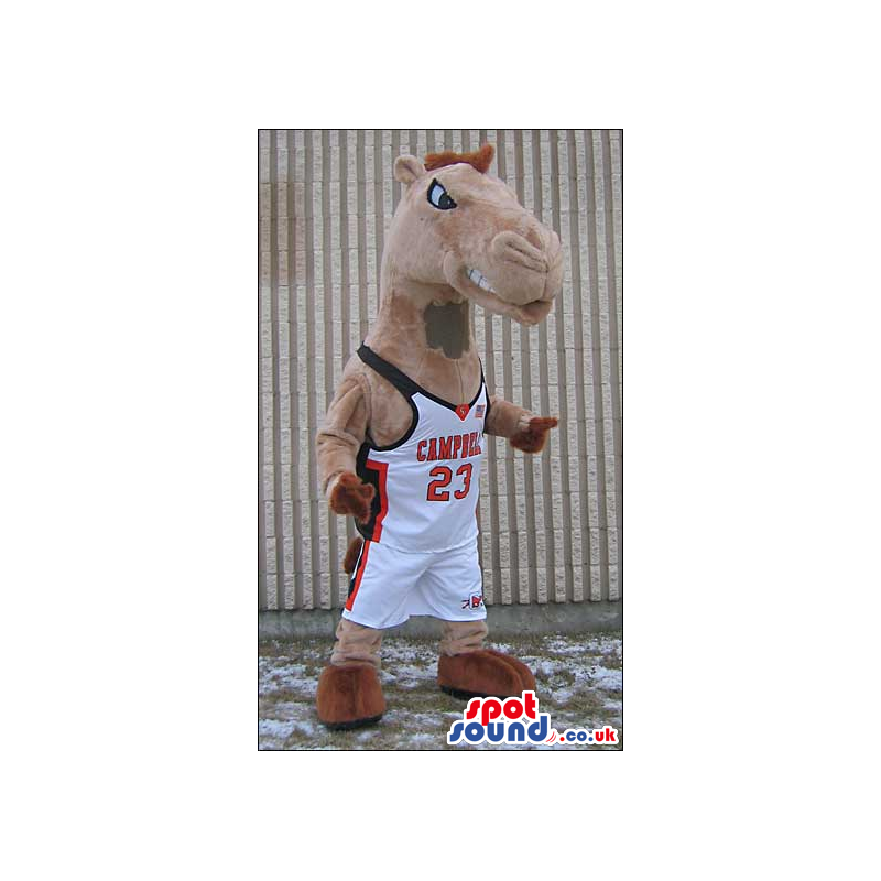 Brown Plush Horse Mascot With Basketball Sports Clothes -