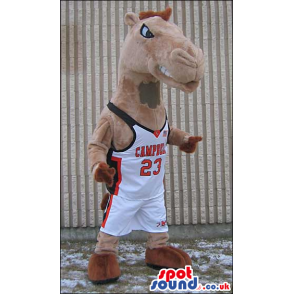 Brown Plush Horse Mascot With Basketball Sports Clothes -
