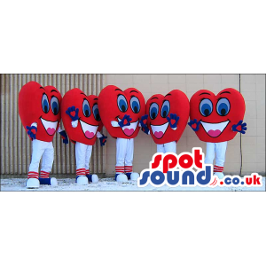 Group Of Five Heart Mascots In Red And White With Cute Faces -