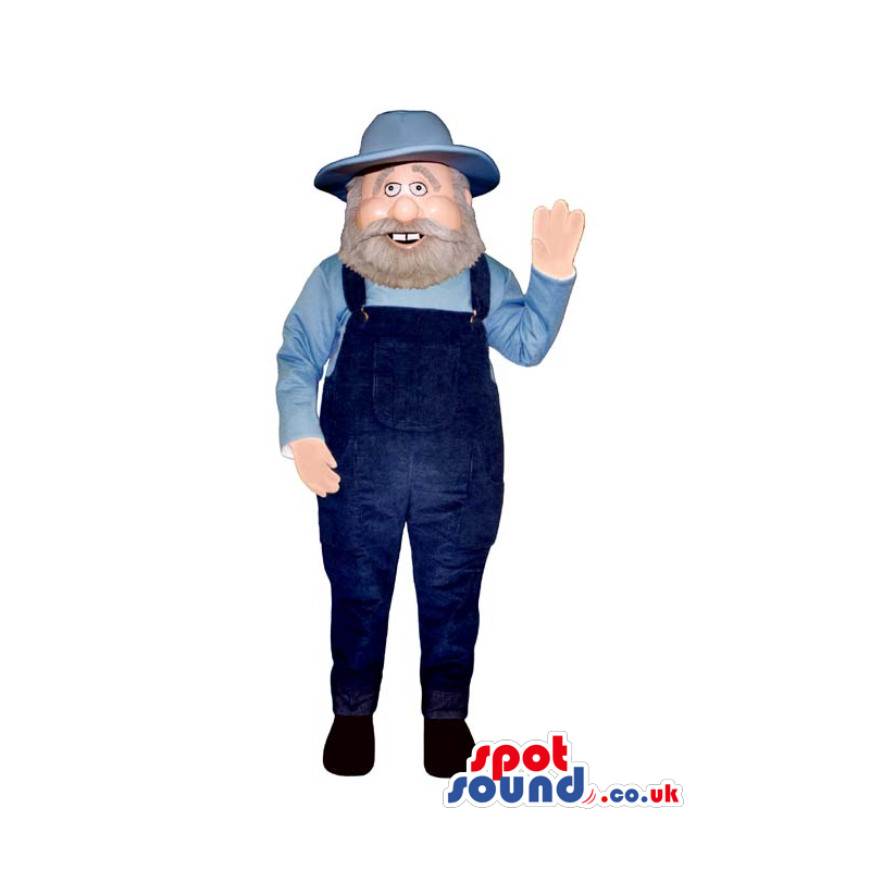 Smiling Farmer Character Mascot Wearing A Blue Shirt And