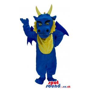 Blue and yellow friendly dragon mascot with two horns - Custom