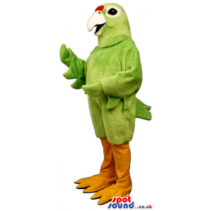 Bright Green Bird Plush Mascot With A White Beak And Orange