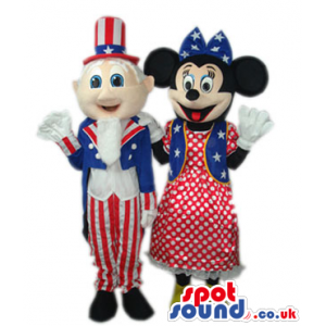 Minnie Mouse And Uncle Sam Mascots Wearing American Flag