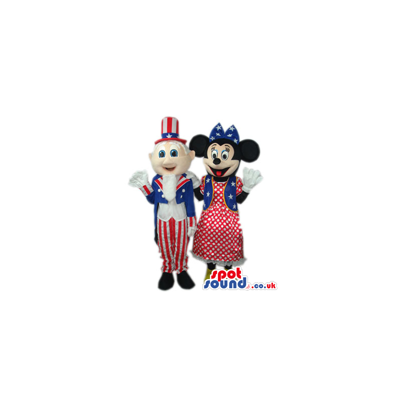 Minnie Mouse And Uncle Sam Mascots Wearing American Flag