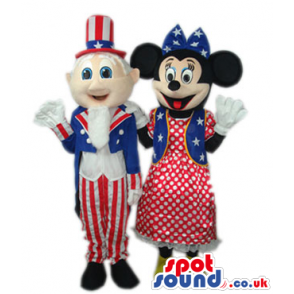 Minnie Mouse And Uncle Sam Mascots Wearing American Flag