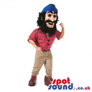 Lumberjack Character Mascot With A Checked Shirt And A Blue Hat