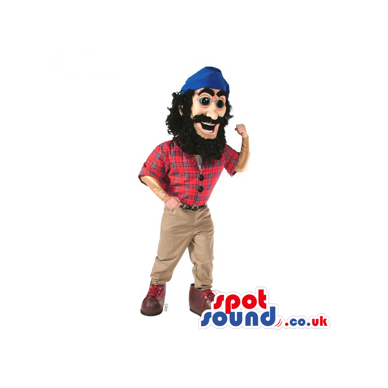 Lumberjack Character Mascot With A Checked Shirt And A Blue Hat