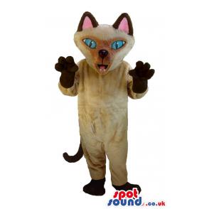 Brown cat mascot with blue eyes standing and showing his paws -