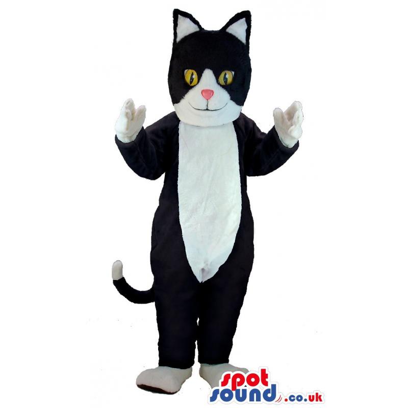 Cute black & white cat mascot with yellow eyes standing -