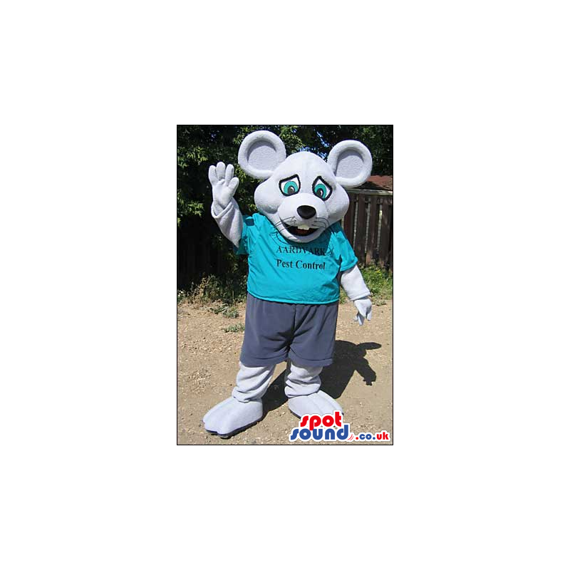 Grey Mouse Plush Mascot Wearing A Blue T-Shirt With Text -