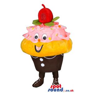 Colourful cupcake mascot with a cherry on top smiling