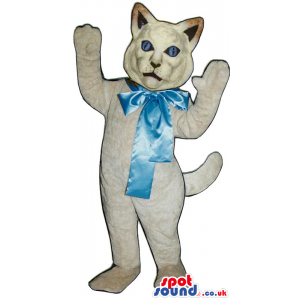 White Cat Animal Plush Mascot With Big Blue Ribbon - Custom