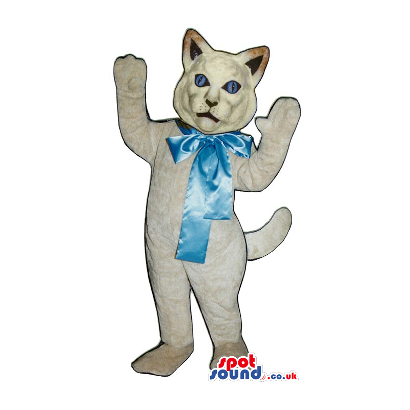 White Cat Animal Plush Mascot With Big Blue Ribbon - Custom