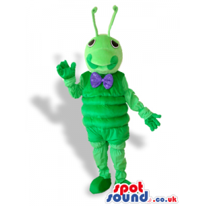 Cute Green Caterpillar Mascot Wearing A Purple Bow Tie - Custom