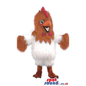 Cock mascot in a white and brown furry outfit with red beak -