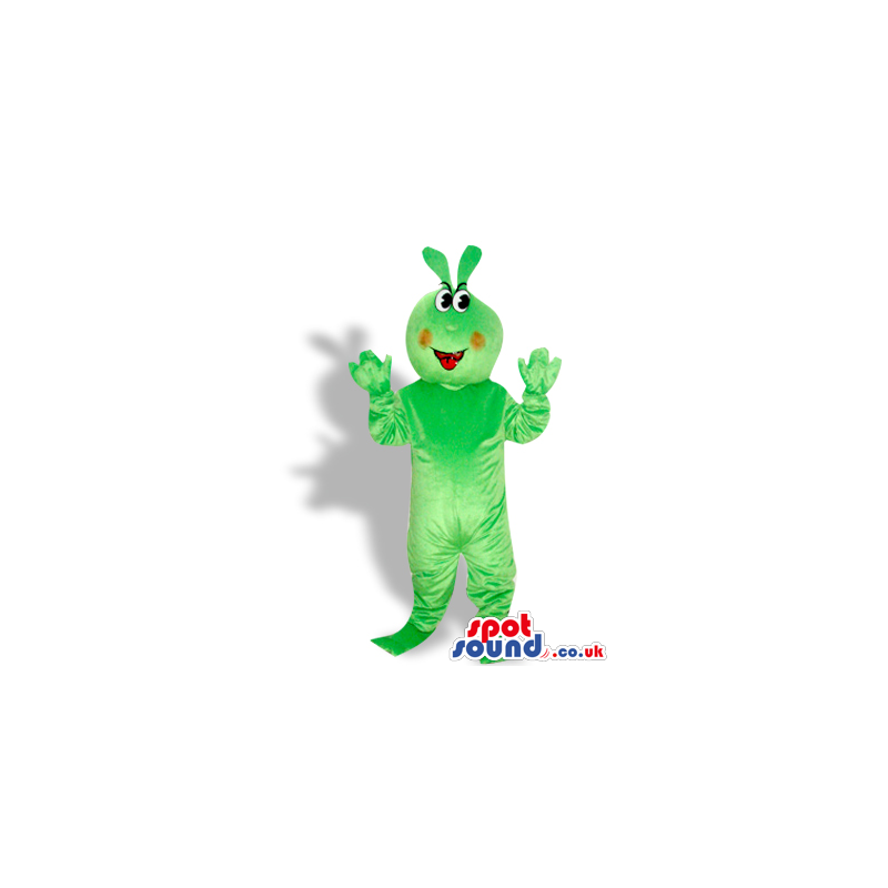 Flashy Green Creature Mascot With Red Cheeks And A Toy - Custom