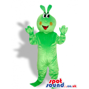 Flashy Green Creature Mascot With Red Cheeks And A Toy - Custom