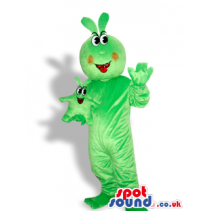 Flashy Green Creature Mascot With Red Cheeks And A Toy - Custom