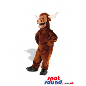 All Brown Bull Animal Plush Mascot With Long White Horns -