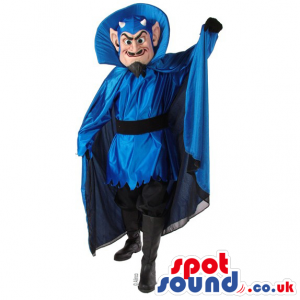 Human Devil Mascot With Mustache, Blue Cape And Garments -