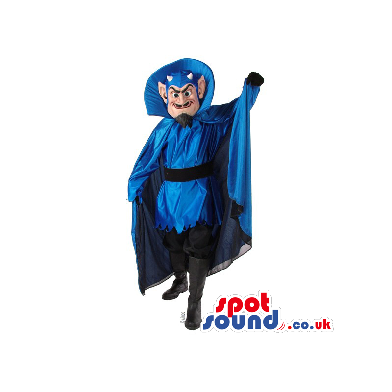 Human Devil Mascot With Mustache, Blue Cape And Garments -