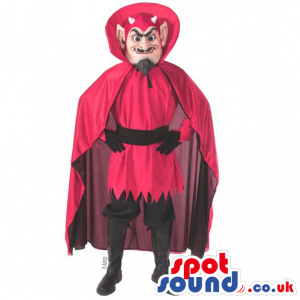 Human Devil Mascot With Mustache, A Red Cape And Garments -