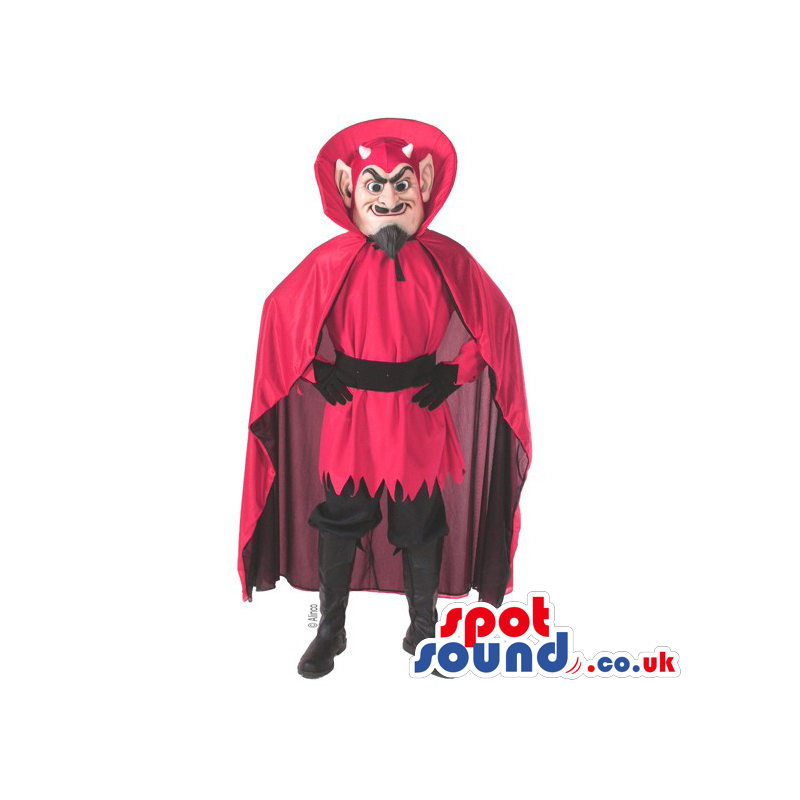 Human Devil Mascot With Mustache, A Red Cape And Garments -
