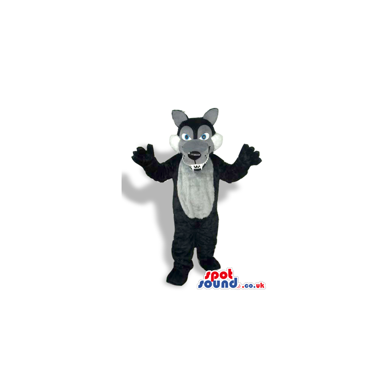 Black Wolf Plush Mascot With A Grey Belly And Sharp Teeth -