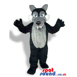 Black Wolf Plush Mascot With A Grey Belly And Sharp Teeth -