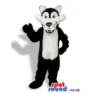 Black Wolf Plush Mascot With A White Belly And Sharp Teeth -