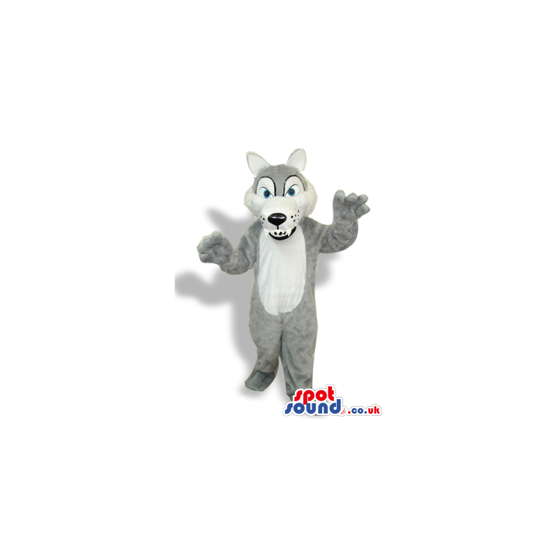 Grey Wolf Plush Mascot With A White Belly And Sharp Teeth -
