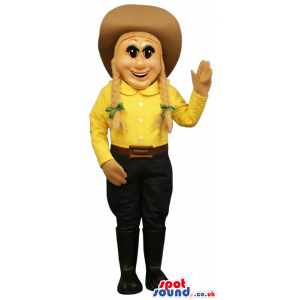 Human Cowgirl Mascot Wearing A Cowboy Hat And Garments - Custom