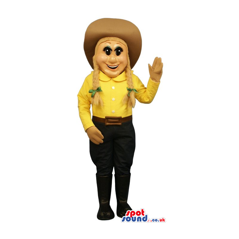 Human Cowgirl Mascot Wearing A Cowboy Hat And Garments - Custom