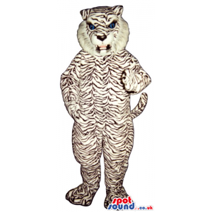 White Tiger Mascot With Thin Black Stripes And An Angry Face -