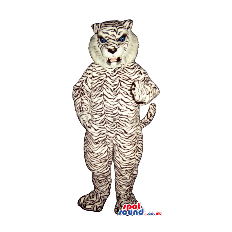 White Tiger Mascot With Thin Black Stripes And An Angry Face -