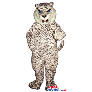 White Tiger Mascot With Thin Black Stripes And An Angry Face -