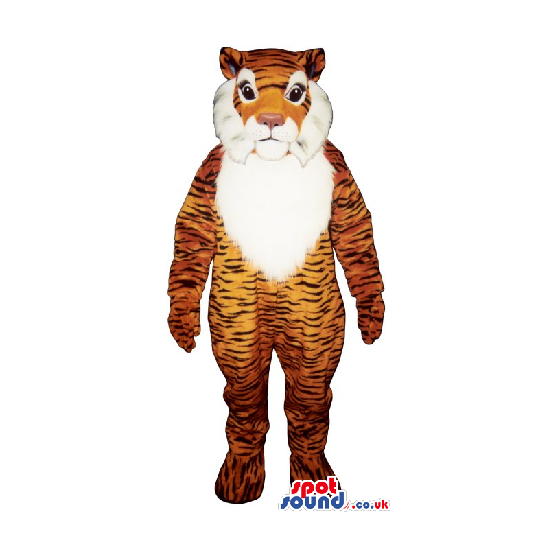 Cute Orange Tiger Mascot With A White Belly And Pink Nose -