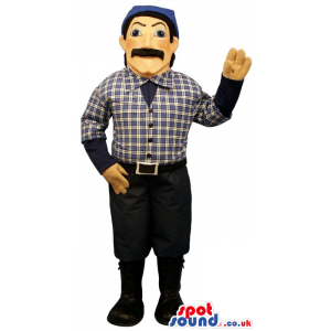 Human Mascot With A Black Mustache Wearing A Checked Shirt -