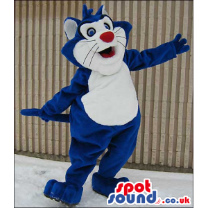 Cute Blue Cat Mascot With A White Belly And A Red Nose - Custom