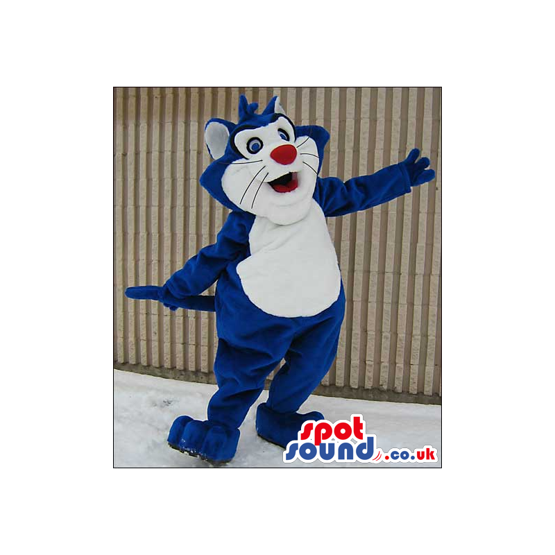 Cute Blue Cat Mascot With A White Belly And A Red Nose - Custom