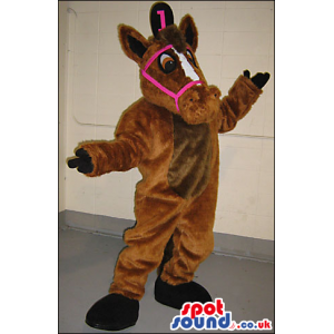 Brown Horse Animal Plush Mascot Wearing Pink Reins - Custom